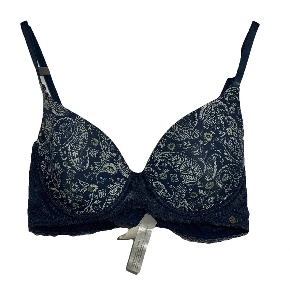 Lucky Brand Bra‎ 36C Navy Blue Paisley Underwire Contour Padded Lace Mesh Trim